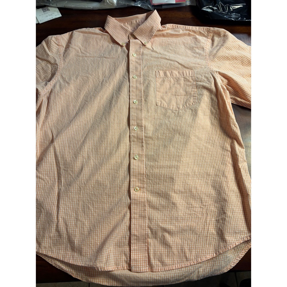 IZOD Mens Orange White Gingham Check Long Sleeve Button Down Shirt Size L